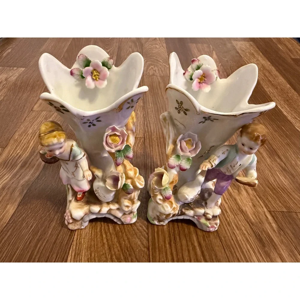Vintage Porcelain Spill Vase Set‎ Boy Girl Figurine Hand Painted Floral Gold Rim